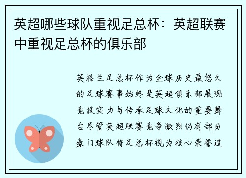 英超哪些球队重视足总杯：英超联赛中重视足总杯的俱乐部