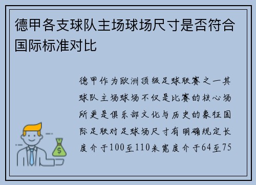 德甲各支球队主场球场尺寸是否符合国际标准对比